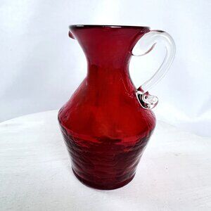 Handblown Hamon Small Pitcher Vintage Ruby Red Crackle Glass 4 1/2"